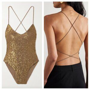 NORMA KAMALI Fara Open-Back Sequined Mesh Bodysuit
